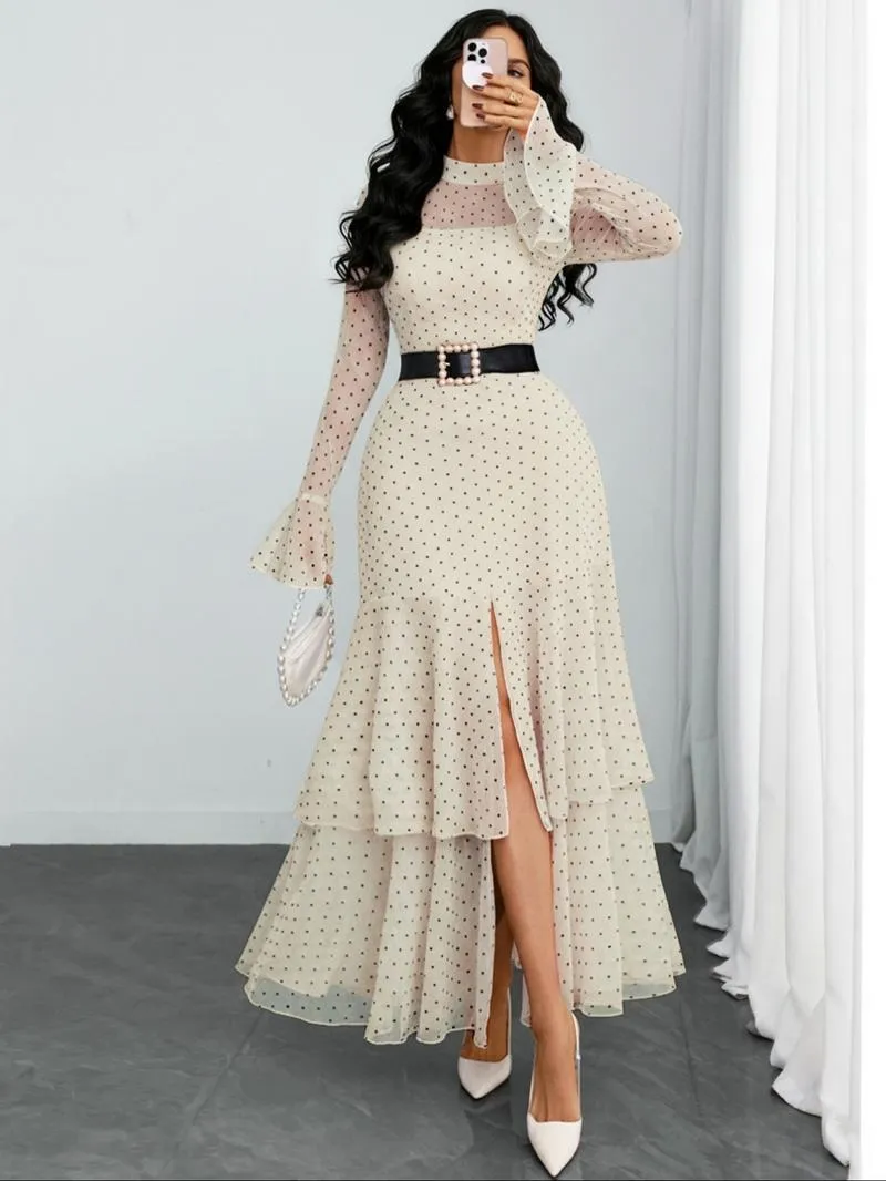 Women's Romantic Polka Dot Split Mesh Patchwork Layered Elegant Flared Skirt Dress