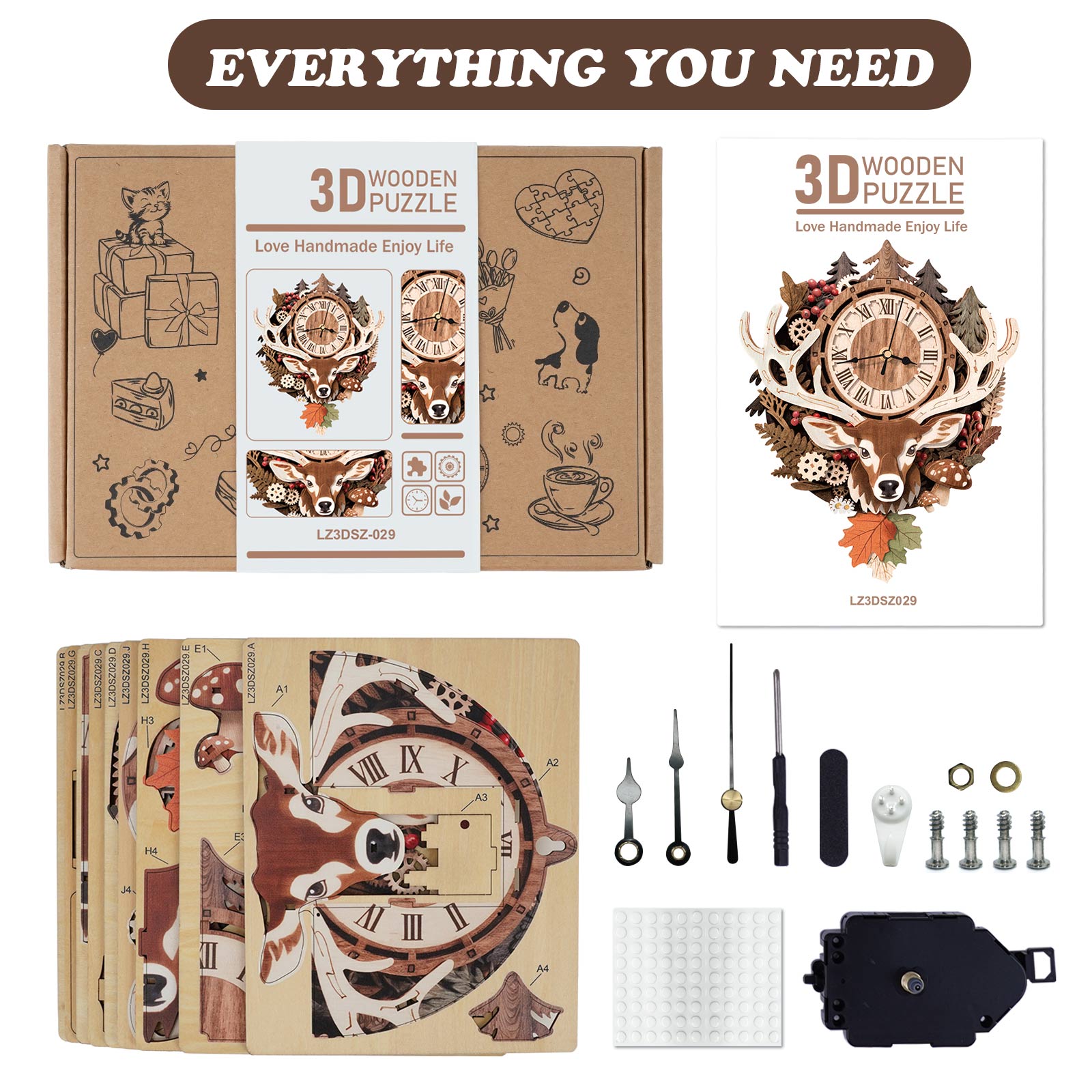 Reindeer– DIY Wooden Clock, 3D Puzzle Craft Kit
