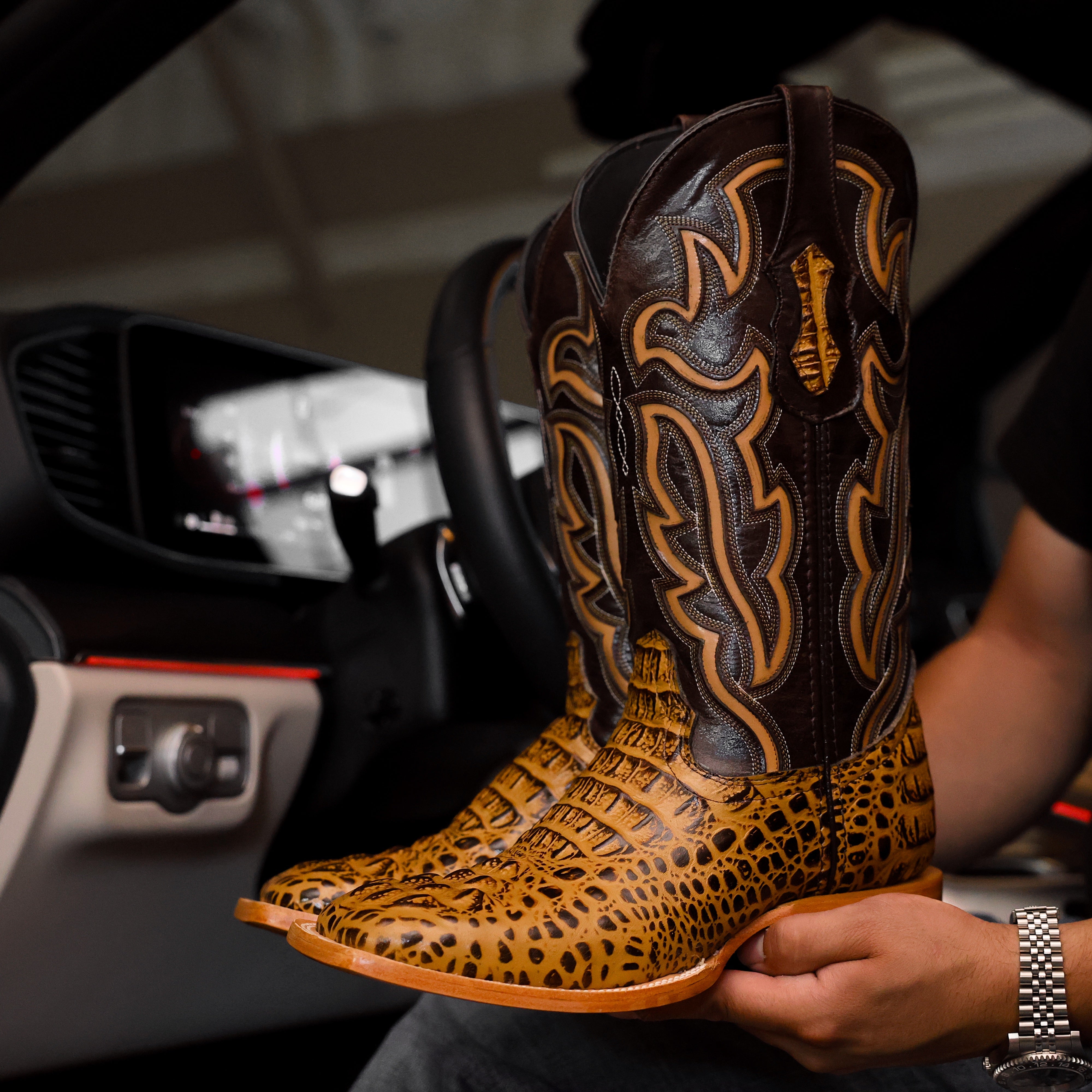 Honey Caiman Neck Leather Boots - Square Toe