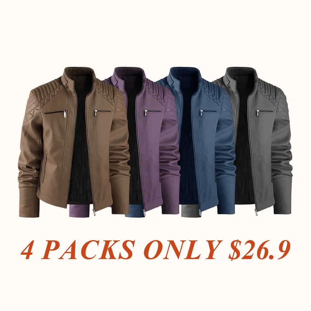 Men's Windproof Leather Jacket with Zipper Closure Solid Color Sport Style Pilot Motorcycle Model Multi