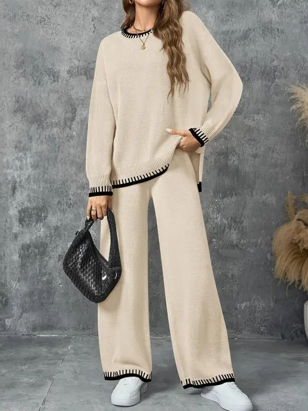 Women's Round Neck Colorblock Sweater Top and Long Sweatpants Set