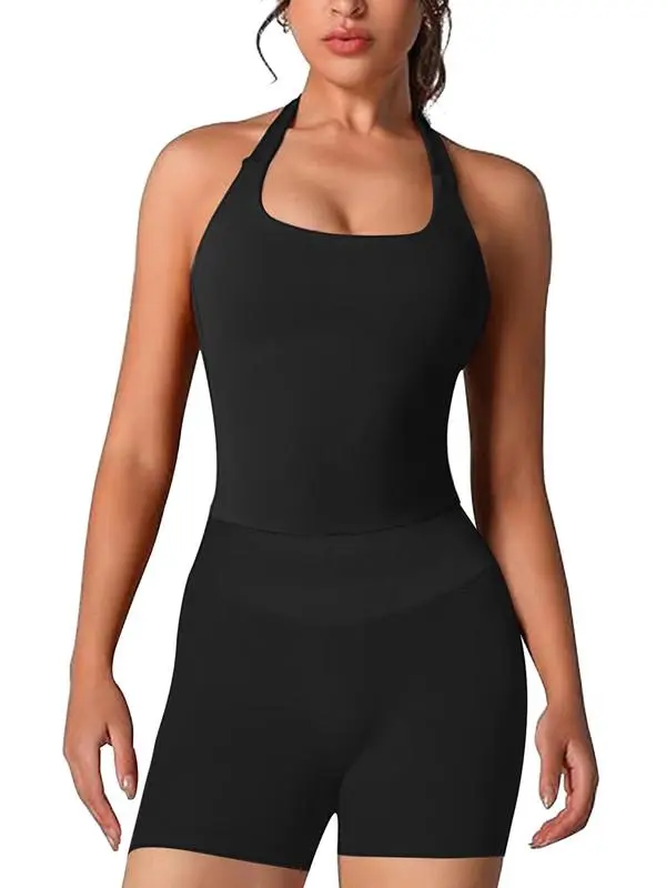 Two-Piece Set Women's Solid Color Halter Top & High Waist Shorts Sports Set