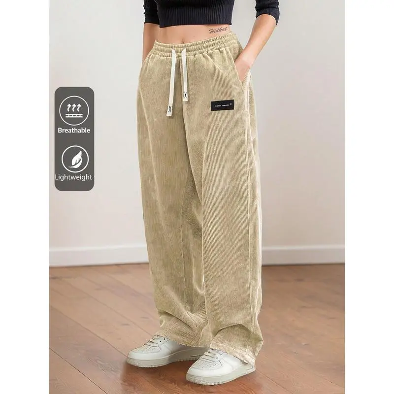 Women's Straight Leg Corduroy Pants Featuring Drawstring Elastic Waist, Fit for Casual