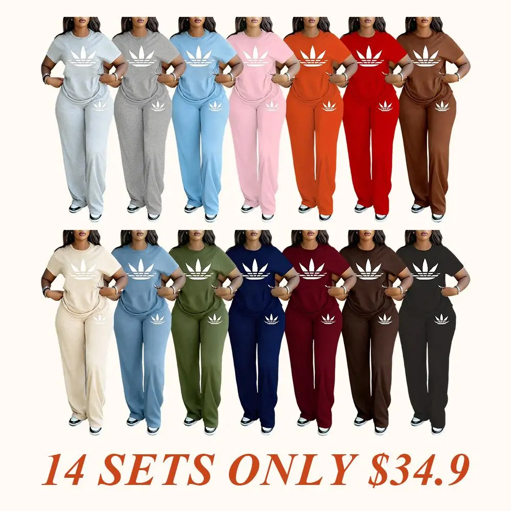 Women's Plus Size Spring Summer Fashion Print Round Neck Short Sleeve T-Shirt & Wide Leg Pants Two-Piece Set