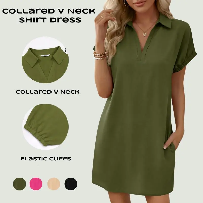 Women’s V-Neck Pleated Shirt Dress – Casual Summer Essential