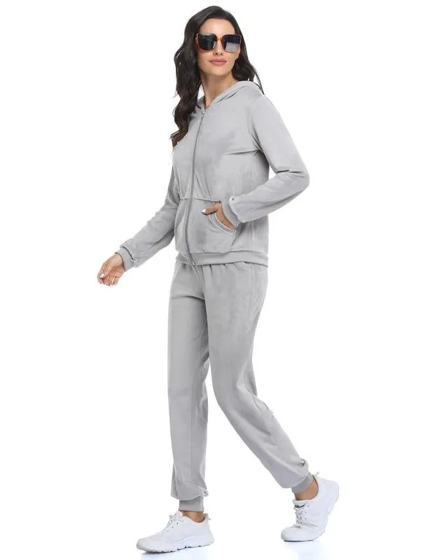 Women's Casual Velour Tracksuit Set Full Zipper Hoodie