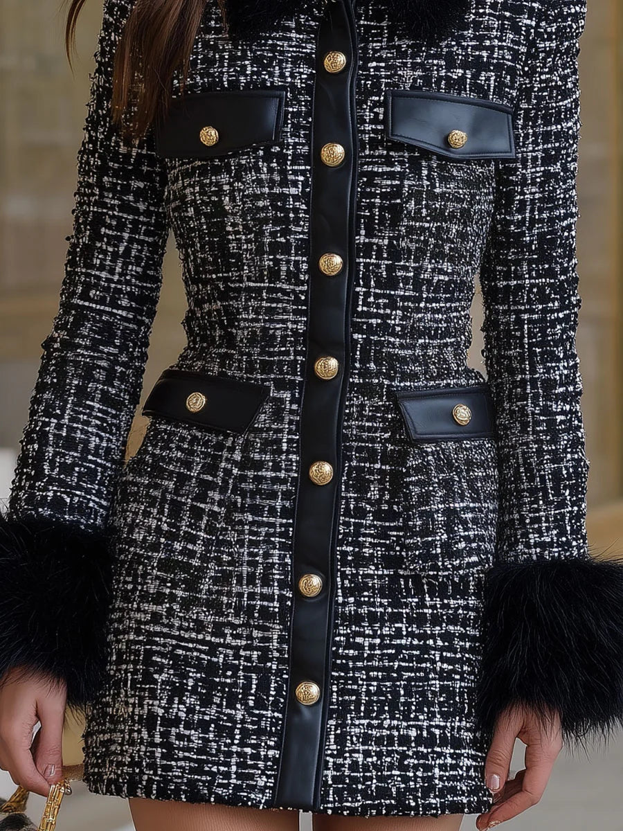 Black & White Tweed Fur-Trimmed Coat Dress