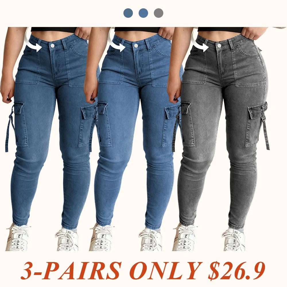 Women's Plain Multi-pocket Denim Cargo Pants