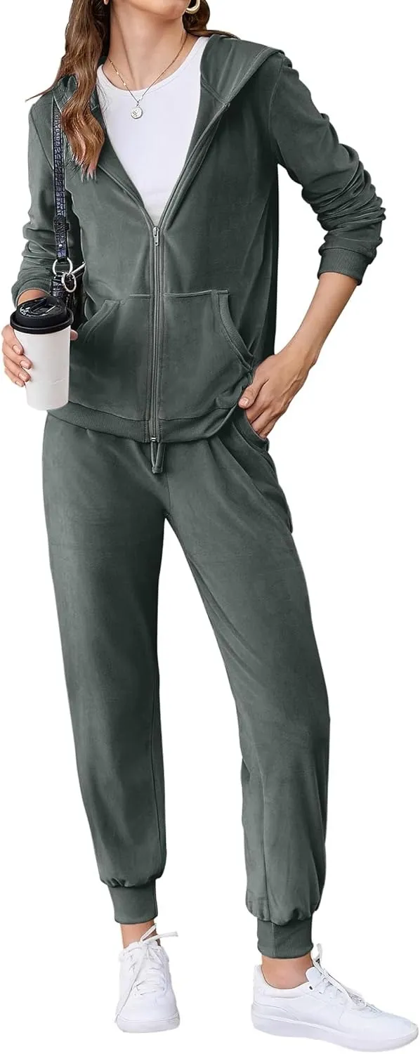 Women's Casual Velour Tracksuit Set Full Zipper Hoodie