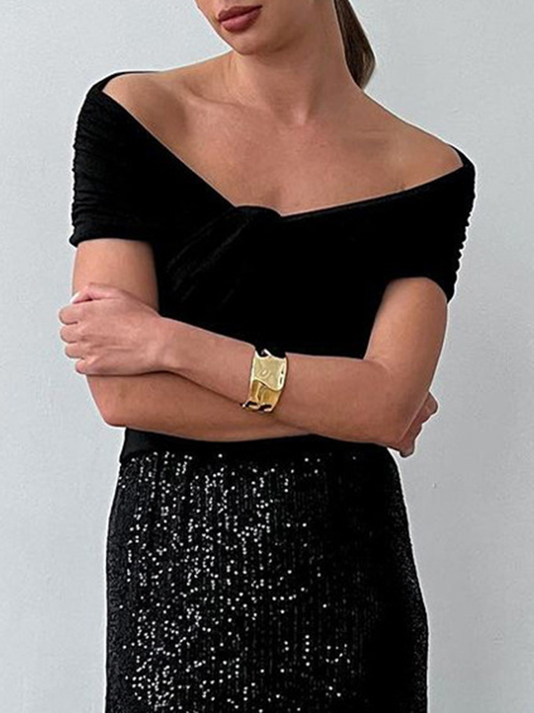 Knot Pleated Solid Color Split-Joint Short Sleeves Skinny Boat Neck T-Shirts Tops