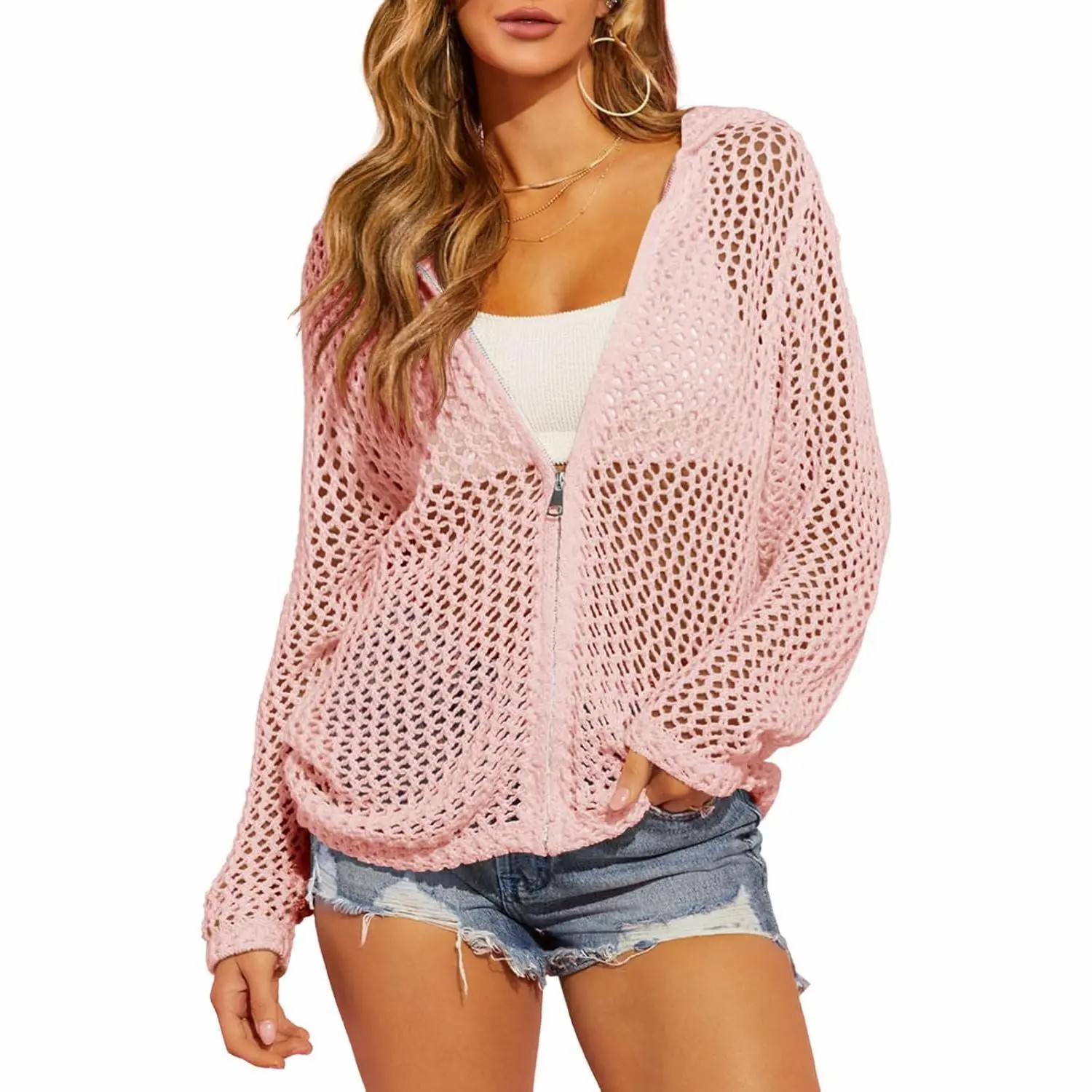 Women's Crochet Lightweight Cardigan – Zip Up Hooded Mesh Beach Cover Up