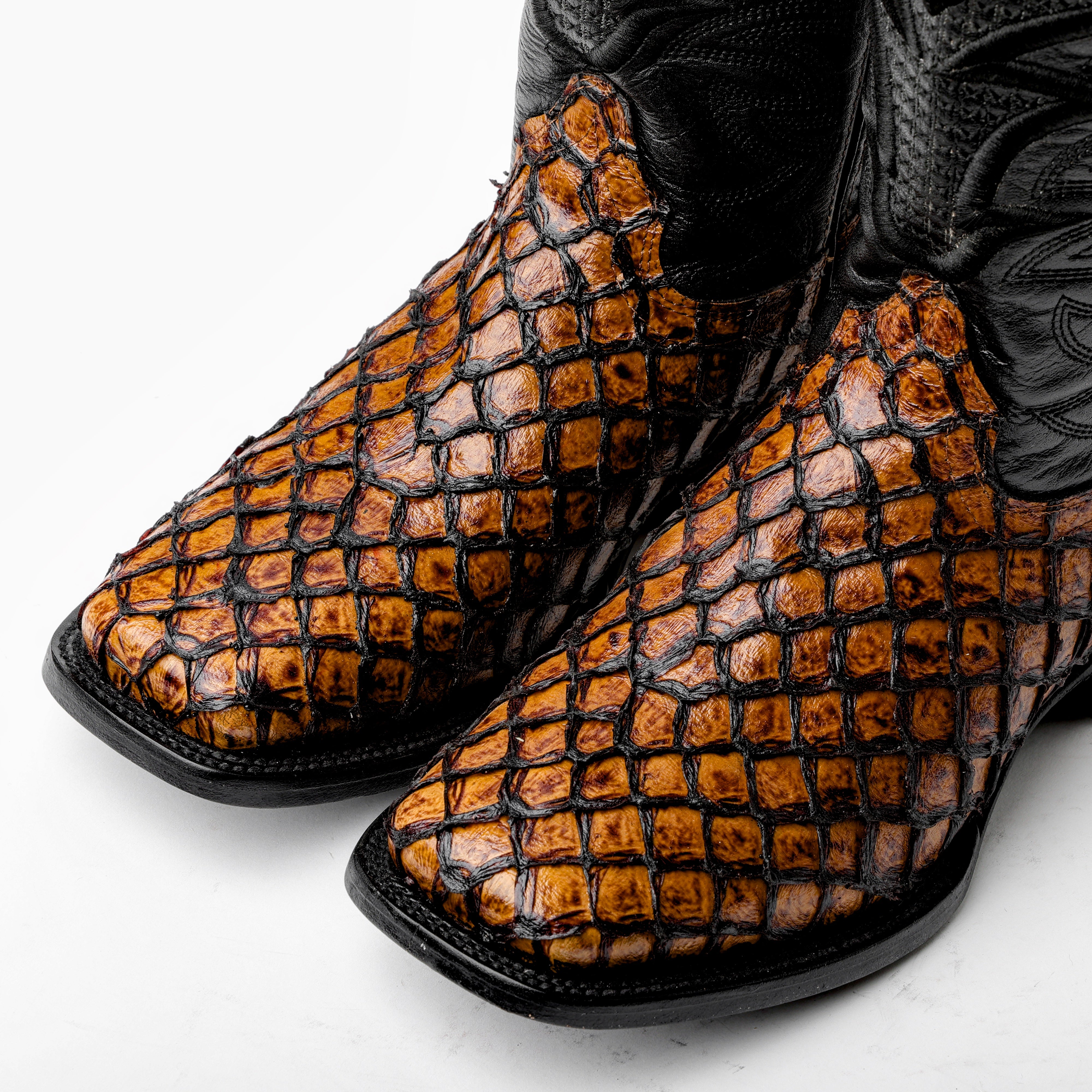 Honey Cognac Mini Pirarucu Leather Boots - Square Toe