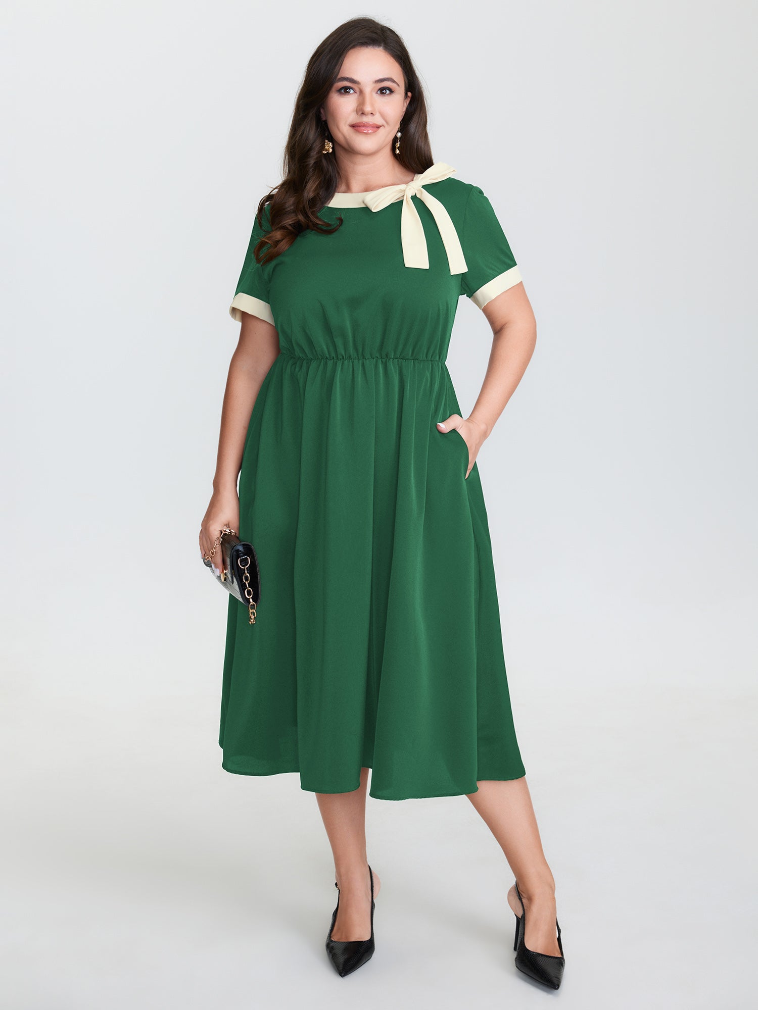 Bow Neckline Stretchy Waist Midi Dress