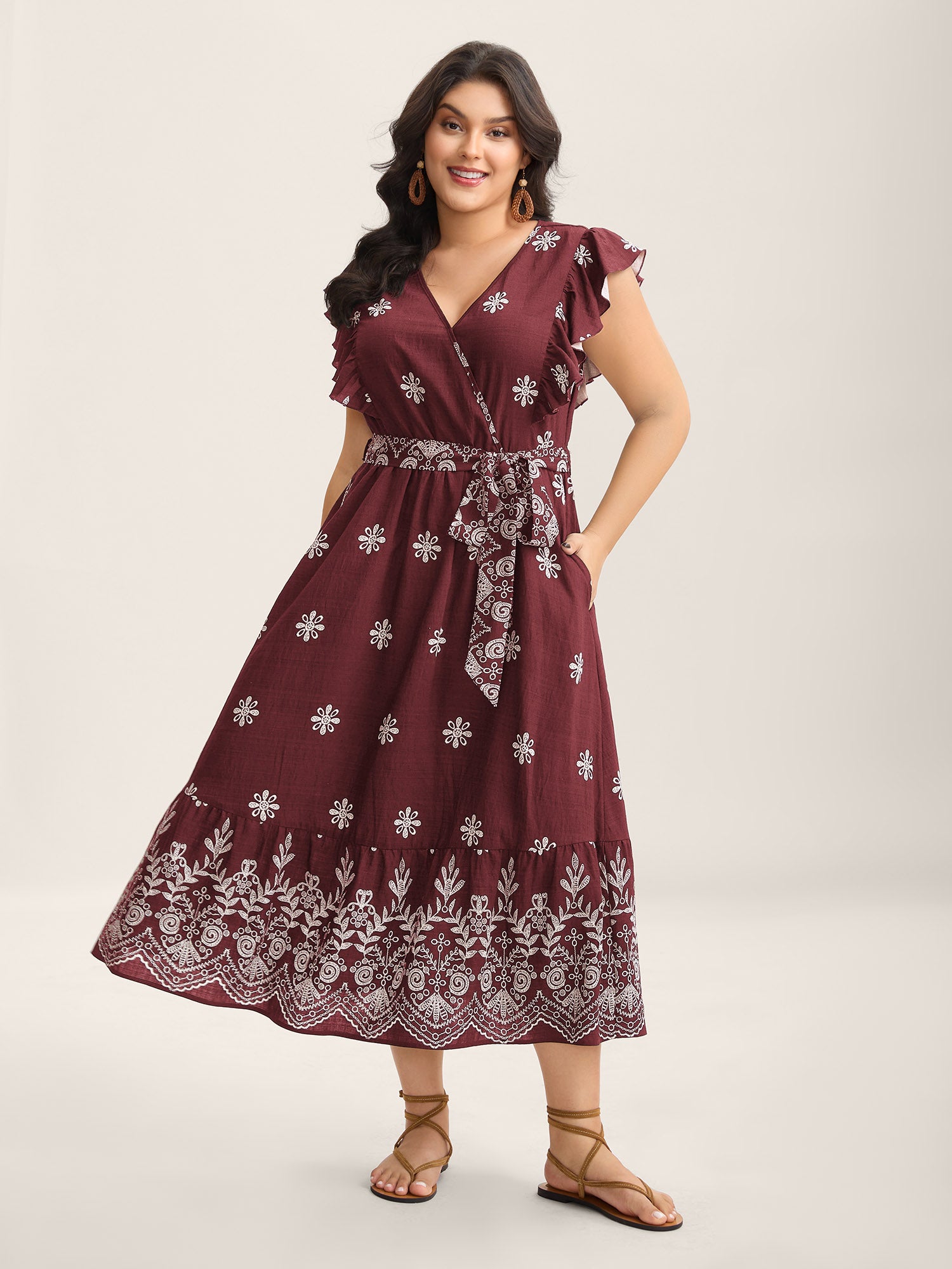 Rayon Stretchy Waist Pockets Flutter Maxi Dress