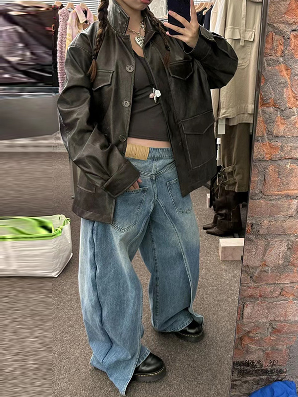 Pockets Reversible False Two Wide Leg Jean Pants Bottoms