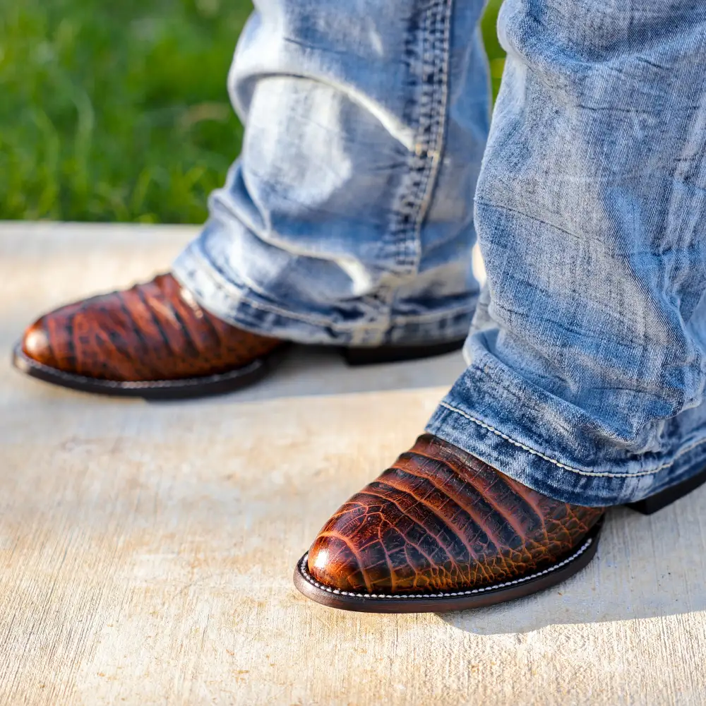 Cognac Caiman Belly Leather Boots - Round Toe