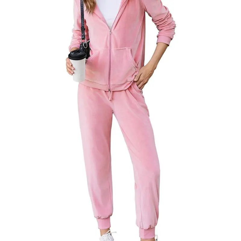 Women's Casual Velour Tracksuit Set Full Zipper Hoodie & Workout Pants Velvet