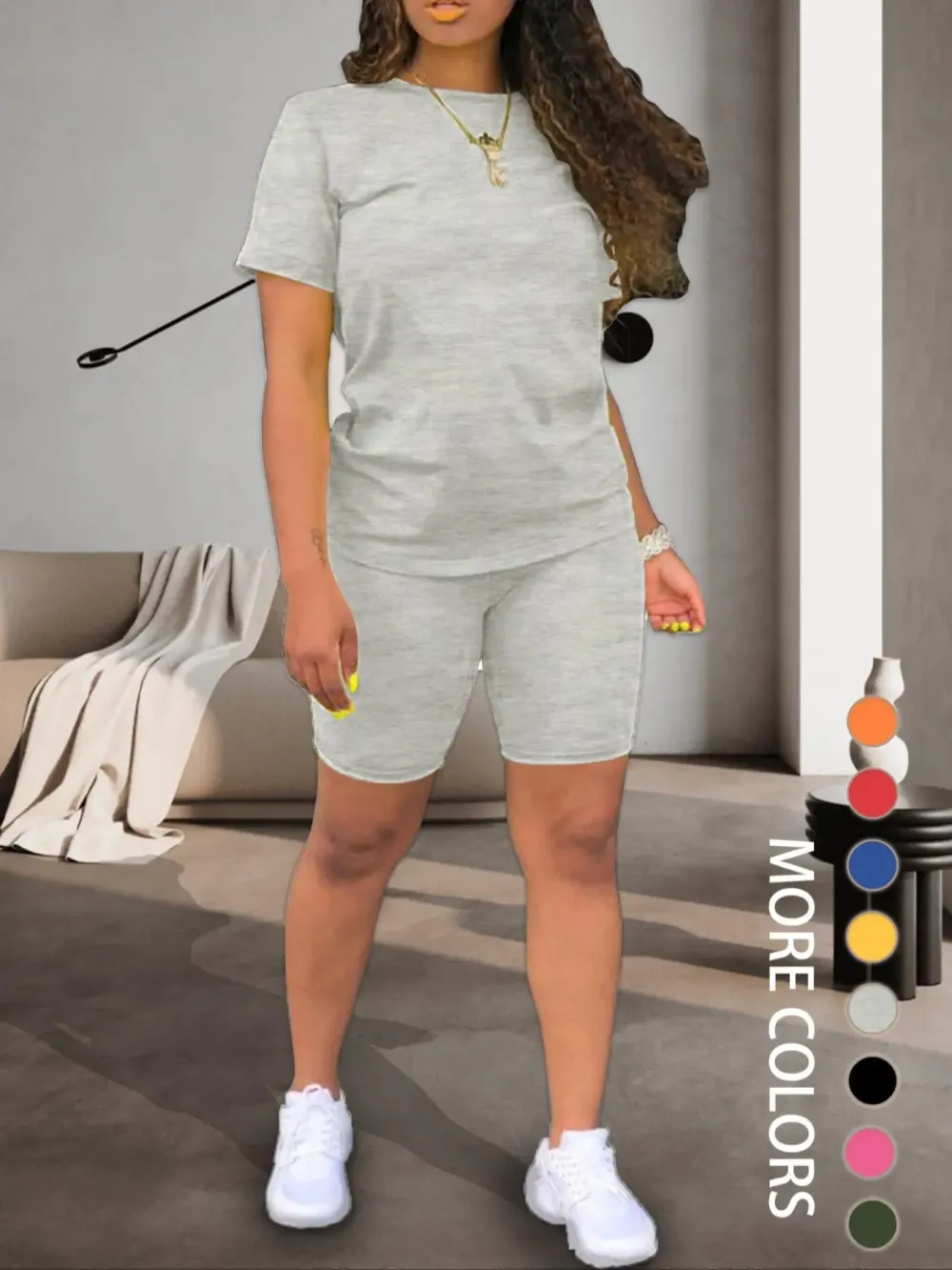 Women's Slim Fit Solid Color Crew Neck T-Shirt and Skinny Shorts Two-Piece Set