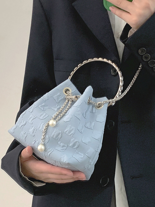 Urban Solid Color Checkered Chain Bucket Messenger Bags