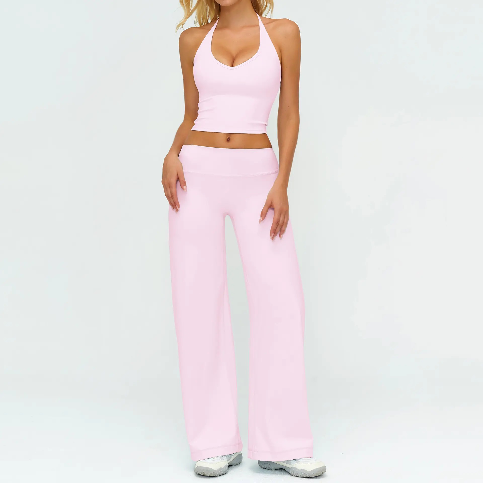Women's Strappy Crop Top & Straight-Leg Pants Fitness Set – Gym to Casual Wear