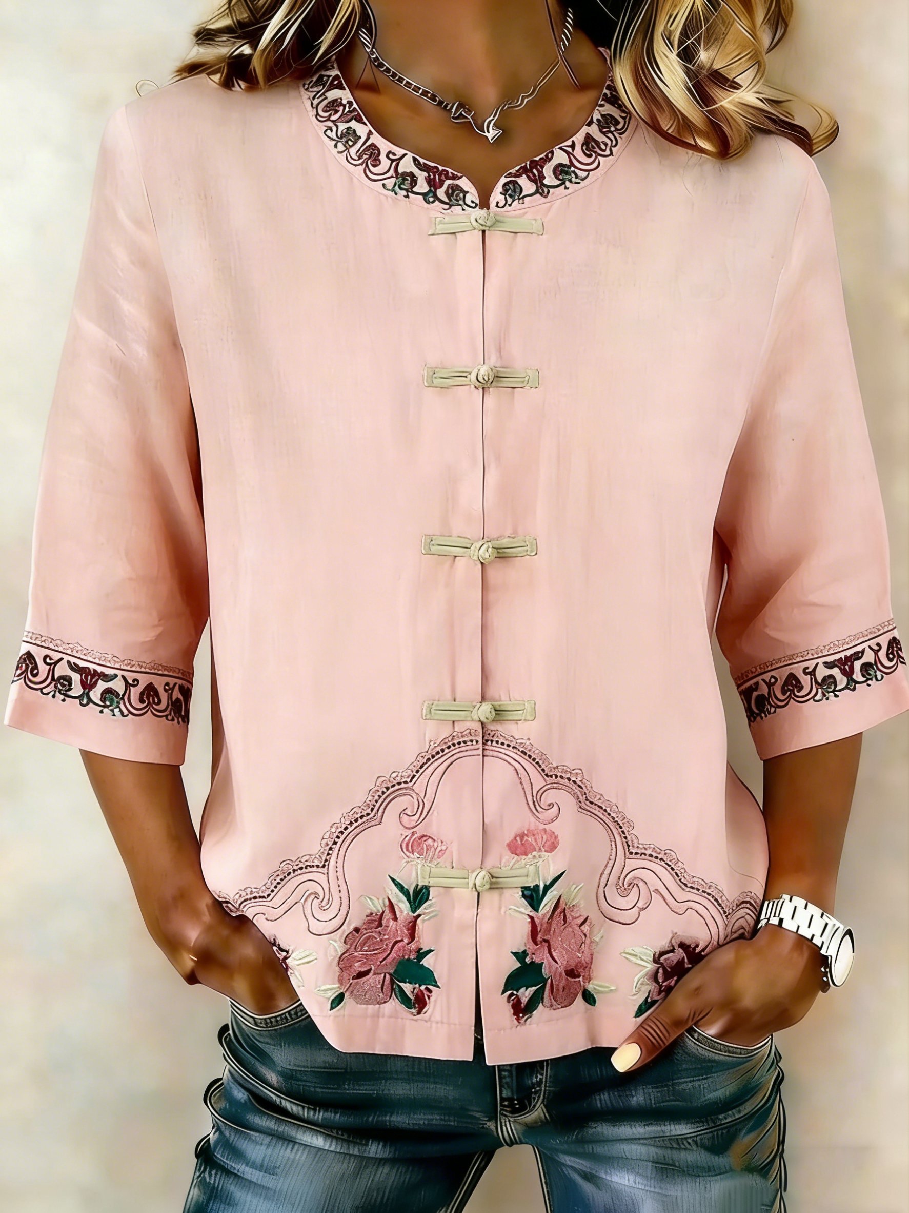 Women's Retro Floral Diagonal Placket Button Cotton Linen Three-Quarter Sleeve Shirt
