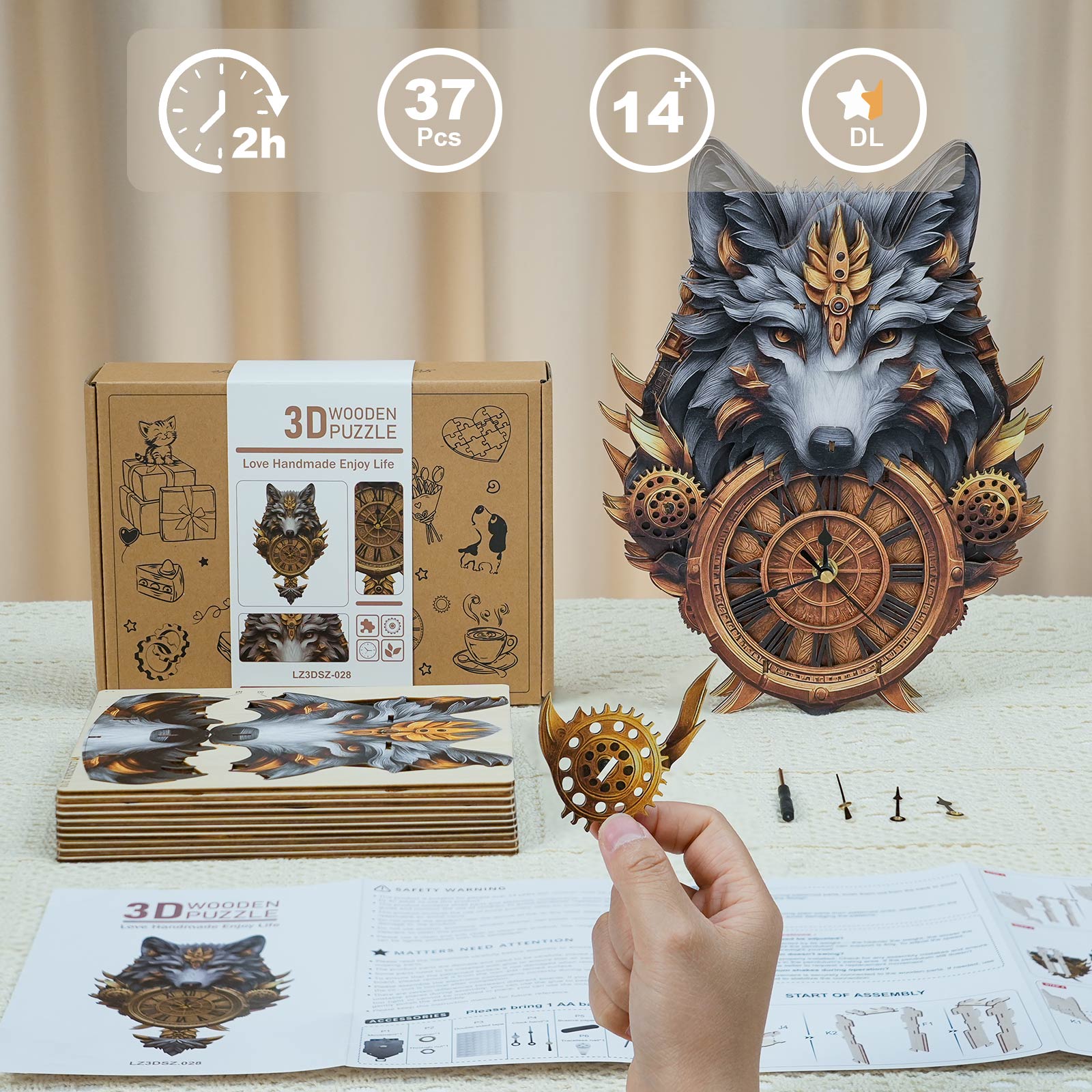 Gray Wolf– DIY Wooden Clock, 3D Puzzle Craft Kit