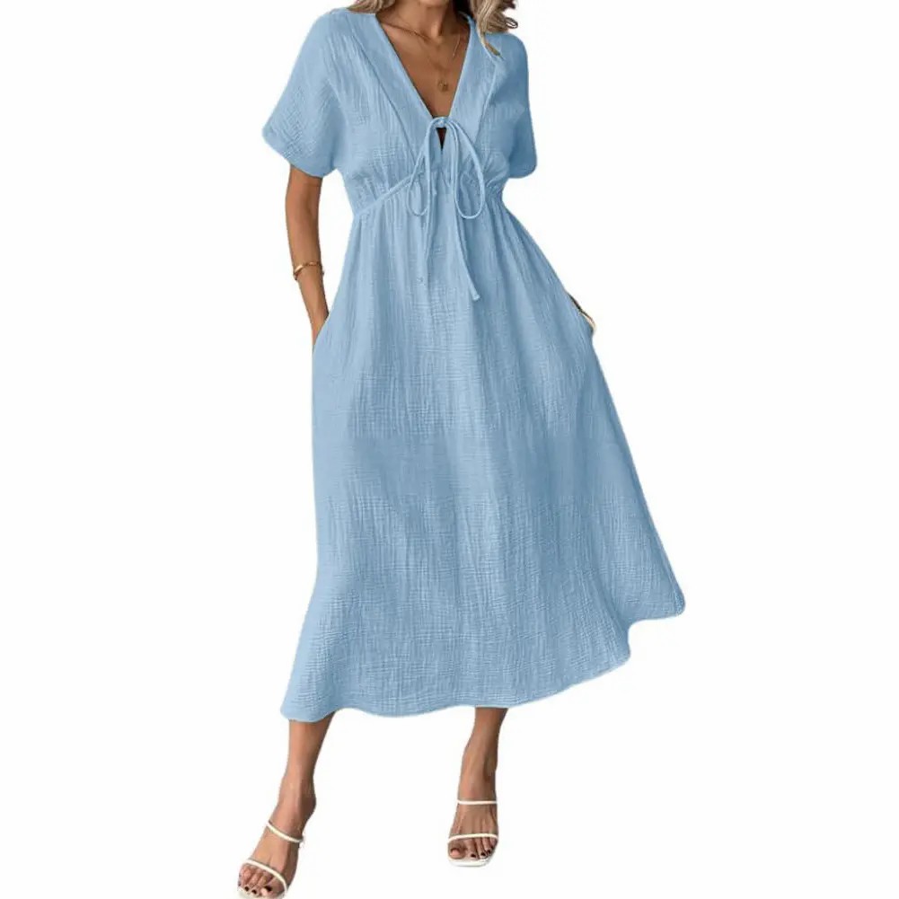 Women's Cotton V-Neck Bohemian Dress – Loose Fit Beach Dress with Pockets
