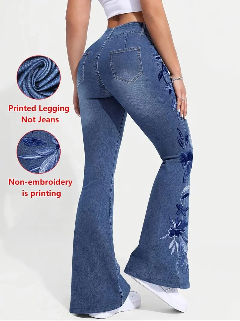 Women's denim printed flared pants