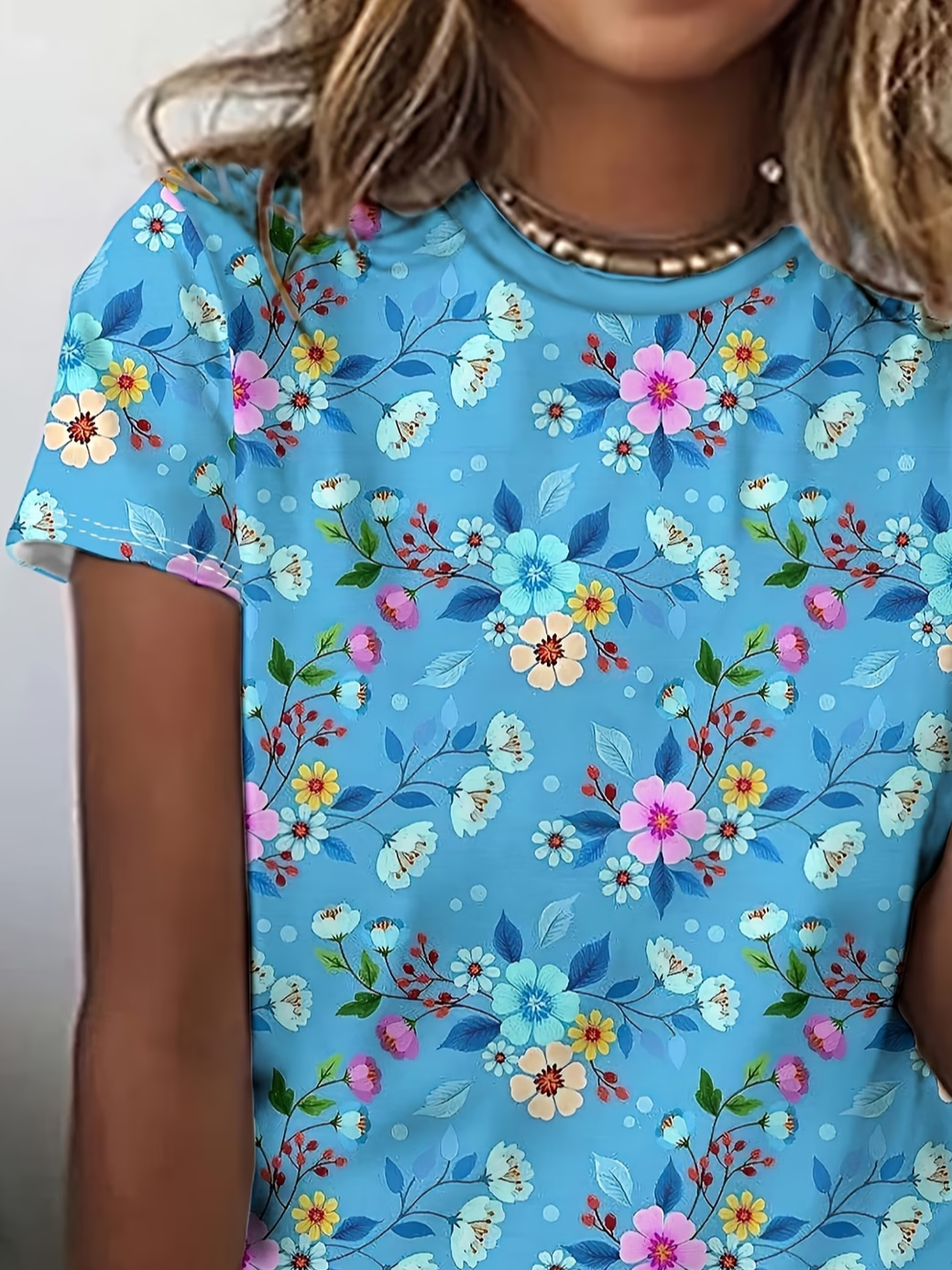 Women's Short Sleeve T-shirt Summer Blue Floral Printing Jersey Crew Neck Daily Going Out Casual Top