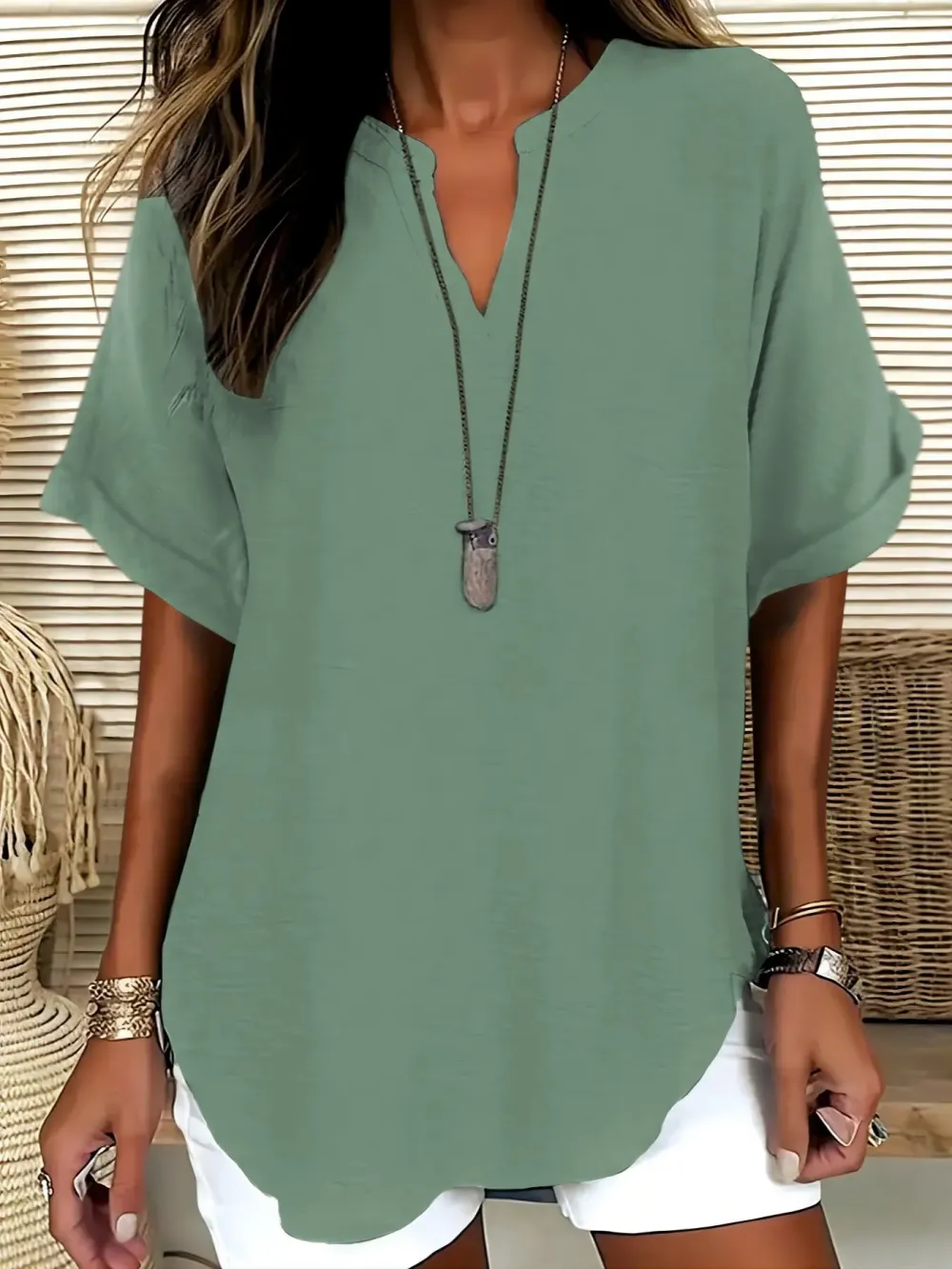 Women's solid color short-sleeved shirt, suitable for everyday wear, all year round