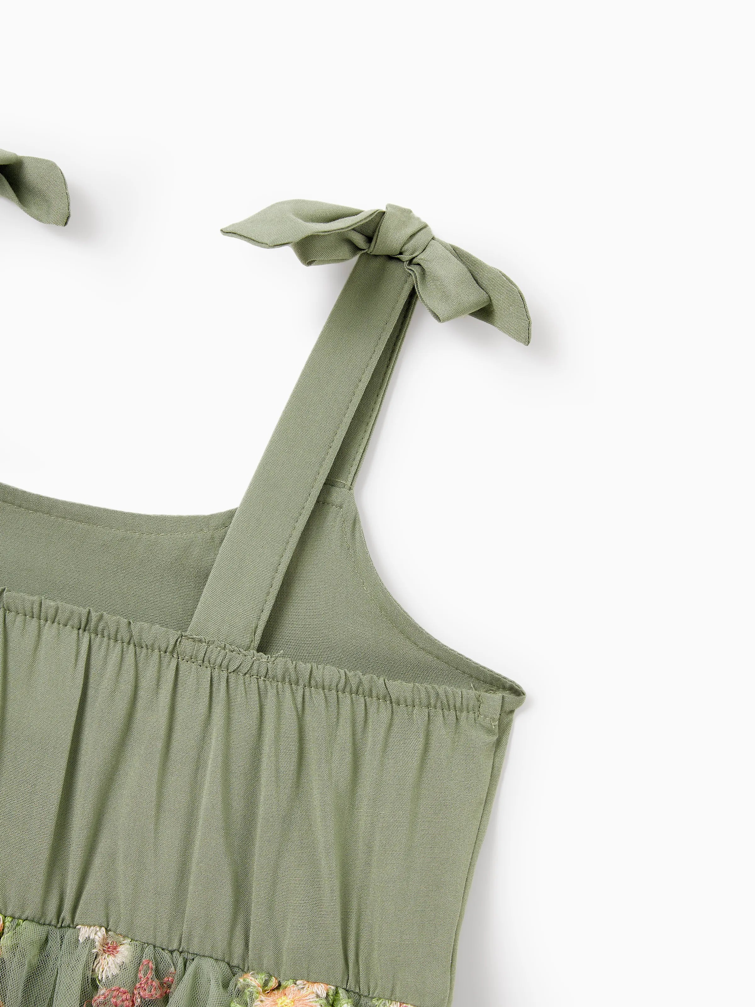 Family Matching Polo Collar Short-sleeve Shirt or V-neck Strappy Mesh Dress  Green