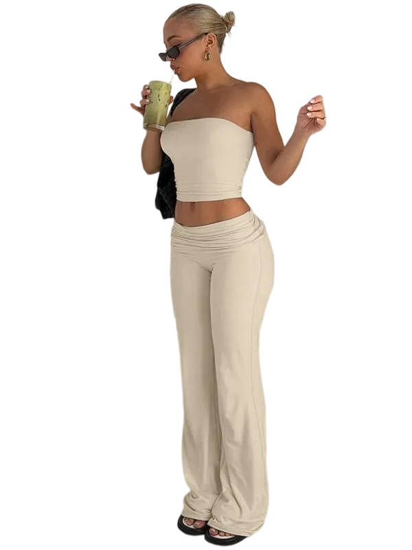 Two-Piece Set Women's Solid Crop Tube Top & Foldover Waist Flare Leg Pants