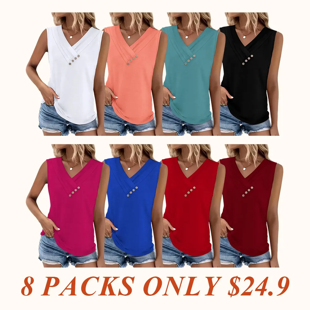 Women Summer Button Down V Neck T Shirts Sleeveless Loose Fit Fashion Tops