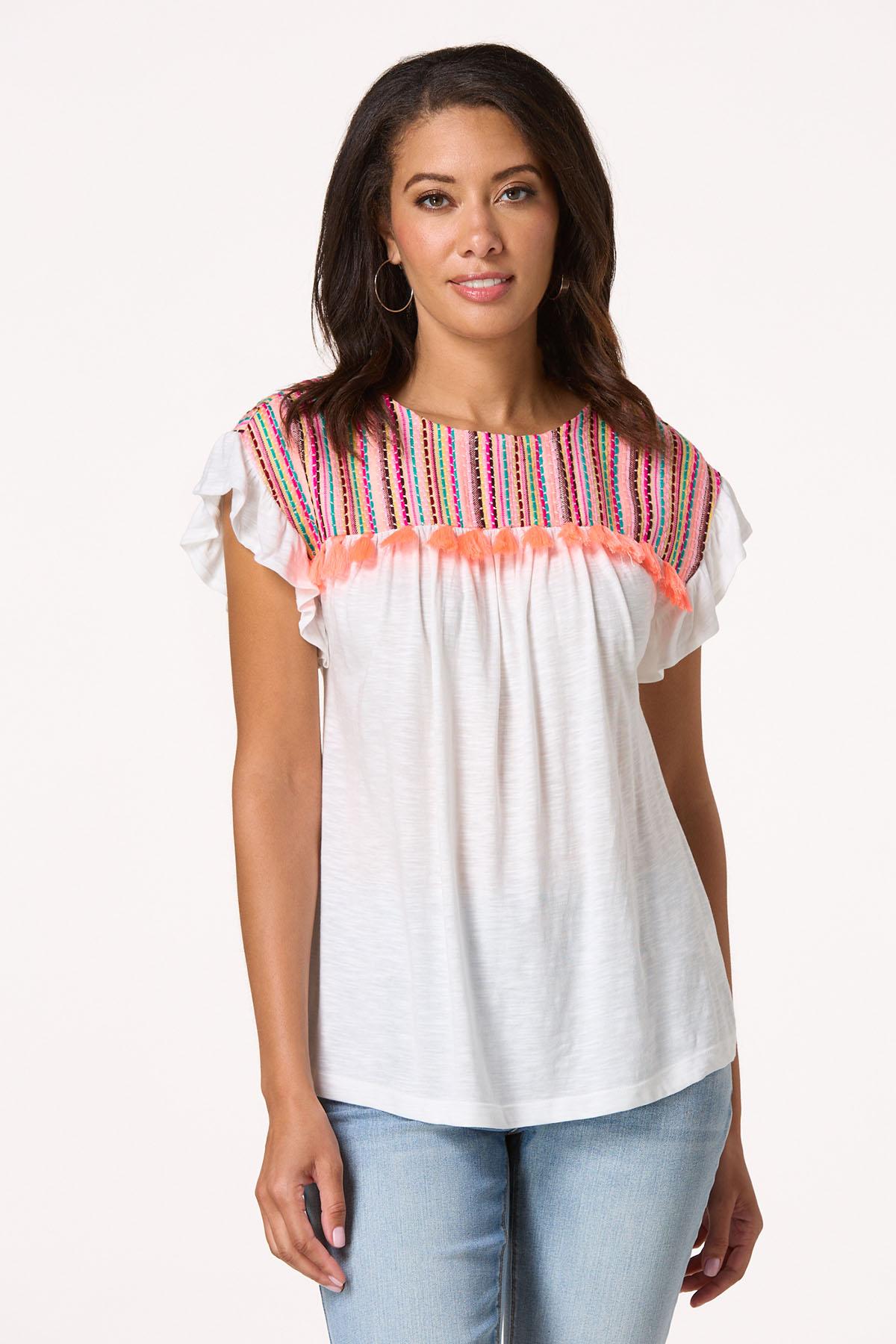 Tasseled Embroidered Stripe Top
