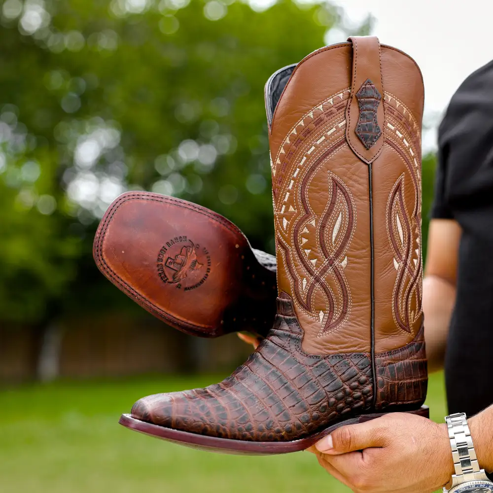 Brown Caiman Belly Leather Boots - Square Toe