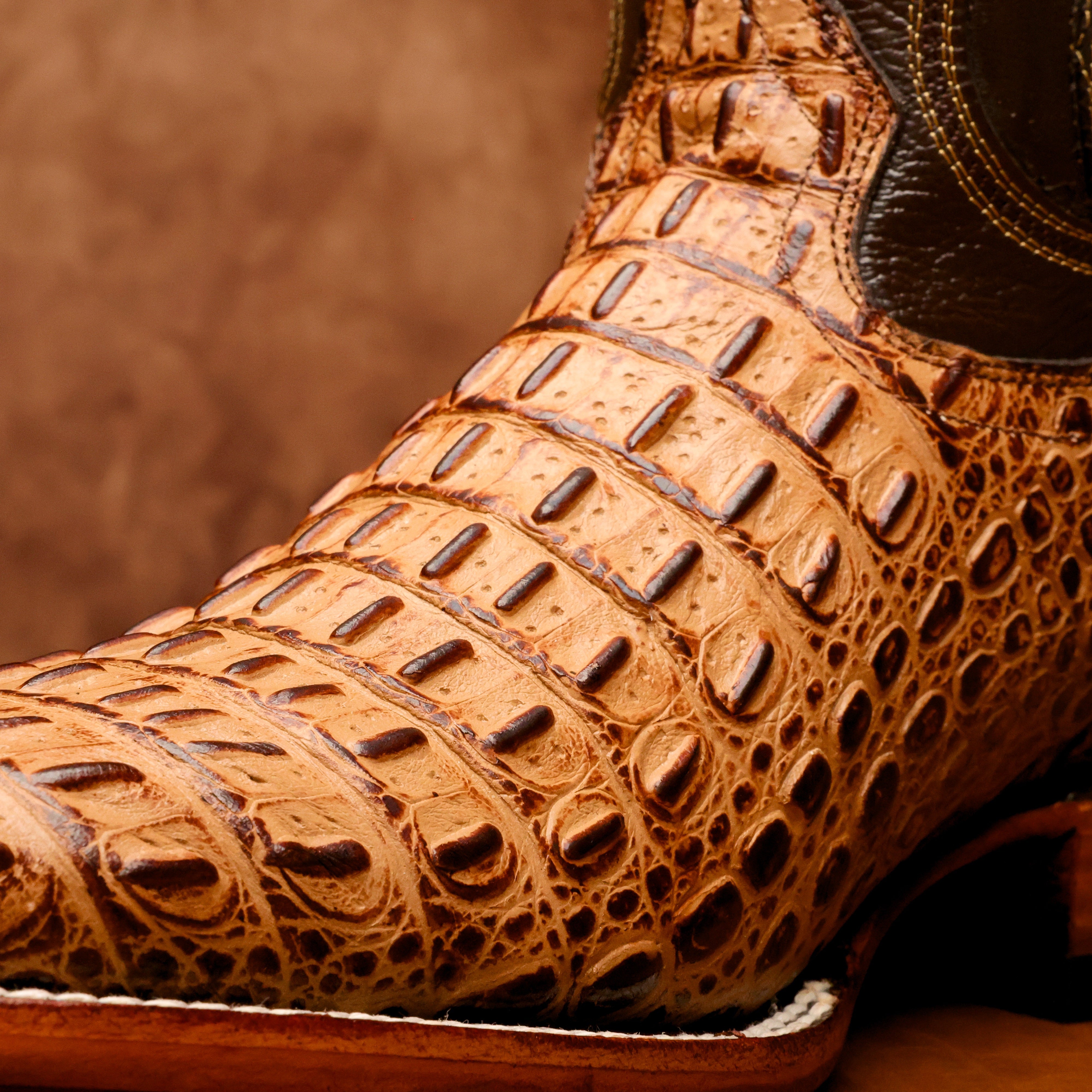 Honey Caiman Hornback Leather Boots - Square Toe