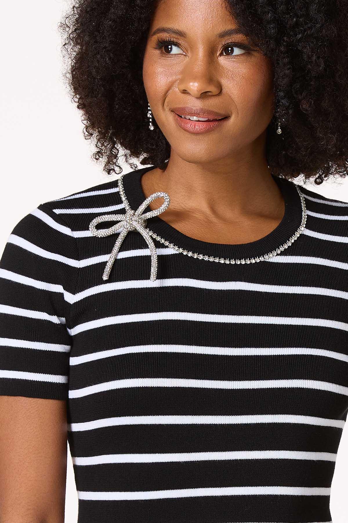 Black White Rhinestone Trim Sweater