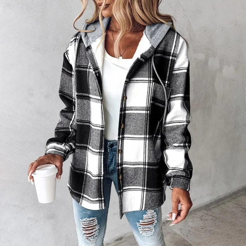 Women's Plaid Pattern Long Sleeve Shacket Button Down Fleece Lined Hooded Jackets Warm Coat