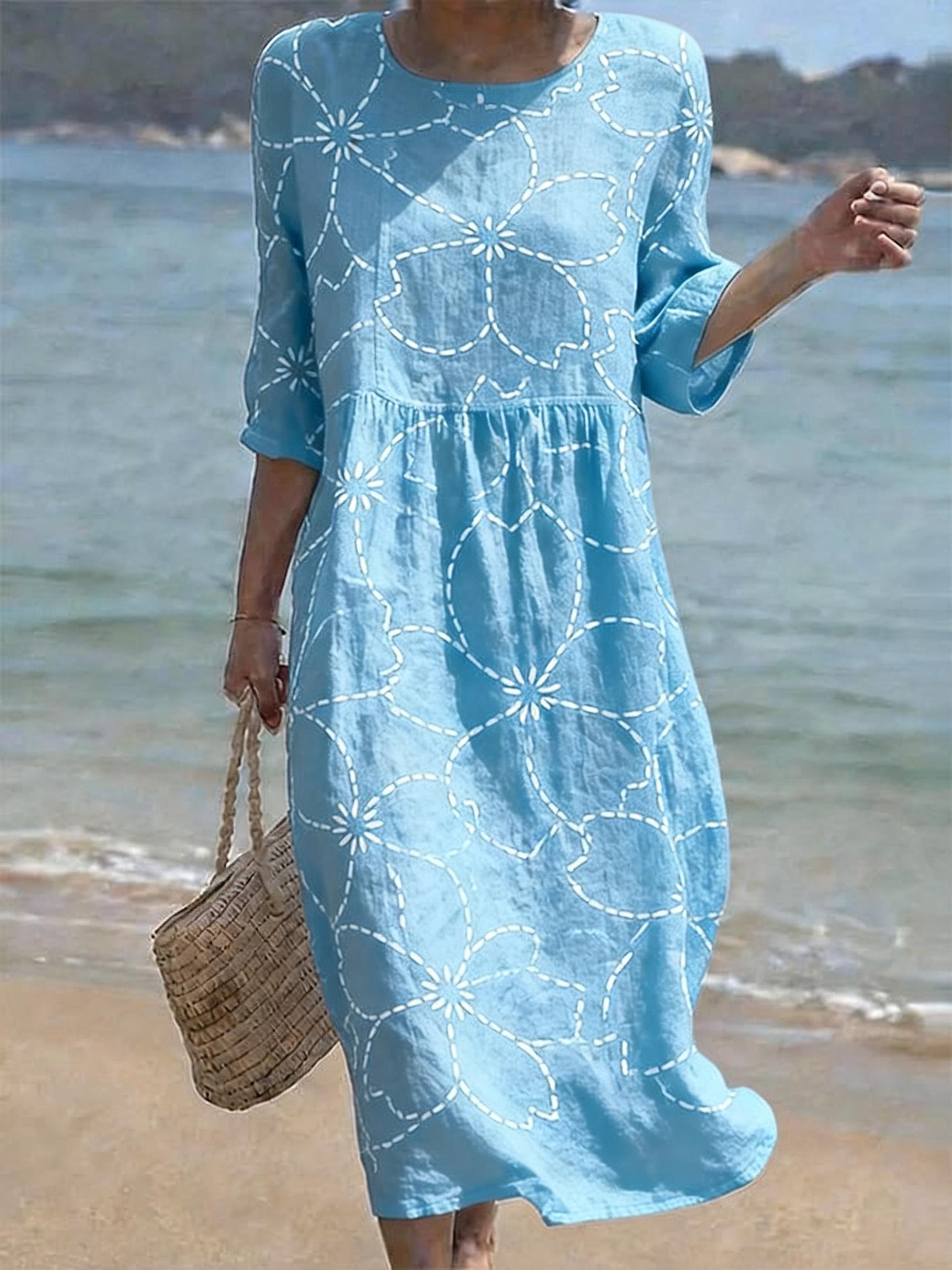 Women's Casual  Round Neck Mid Sleeve Print Cotton and Linen Dress- Fast Shipping