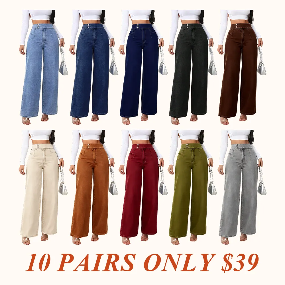 Women's vintage elegant high-waisted wide-leg jeans