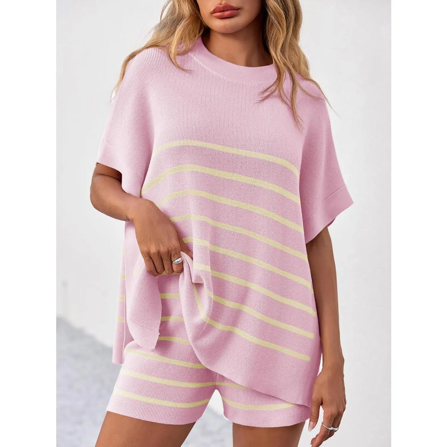 Women's Striped 2 Piece Outfits Oversized Batwing Short Sleeve Tops High Waisted Shorts Summer Knit Lounge Short Sets