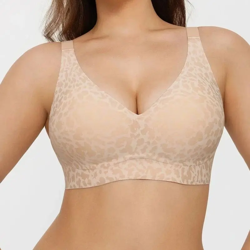 Wireless No Underwire Leopard Print Jelly Bra Everyday Comfort Push Up Seamless T-Shirt Bra