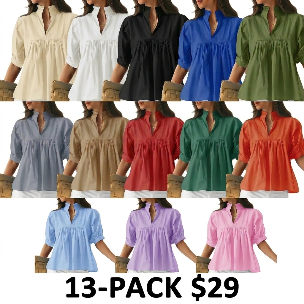 Women's V Neck Puff Sleeve Blouse – Babydoll Peplum Loose Fit Top