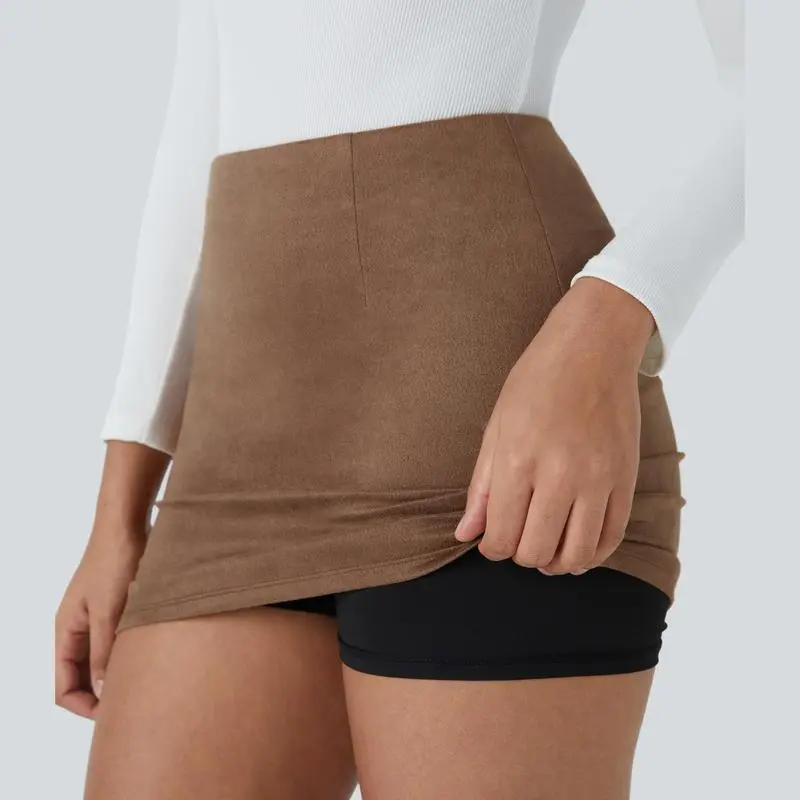 High Waisted 2-in-1 Bodycon Suede Mini Casual Skirt