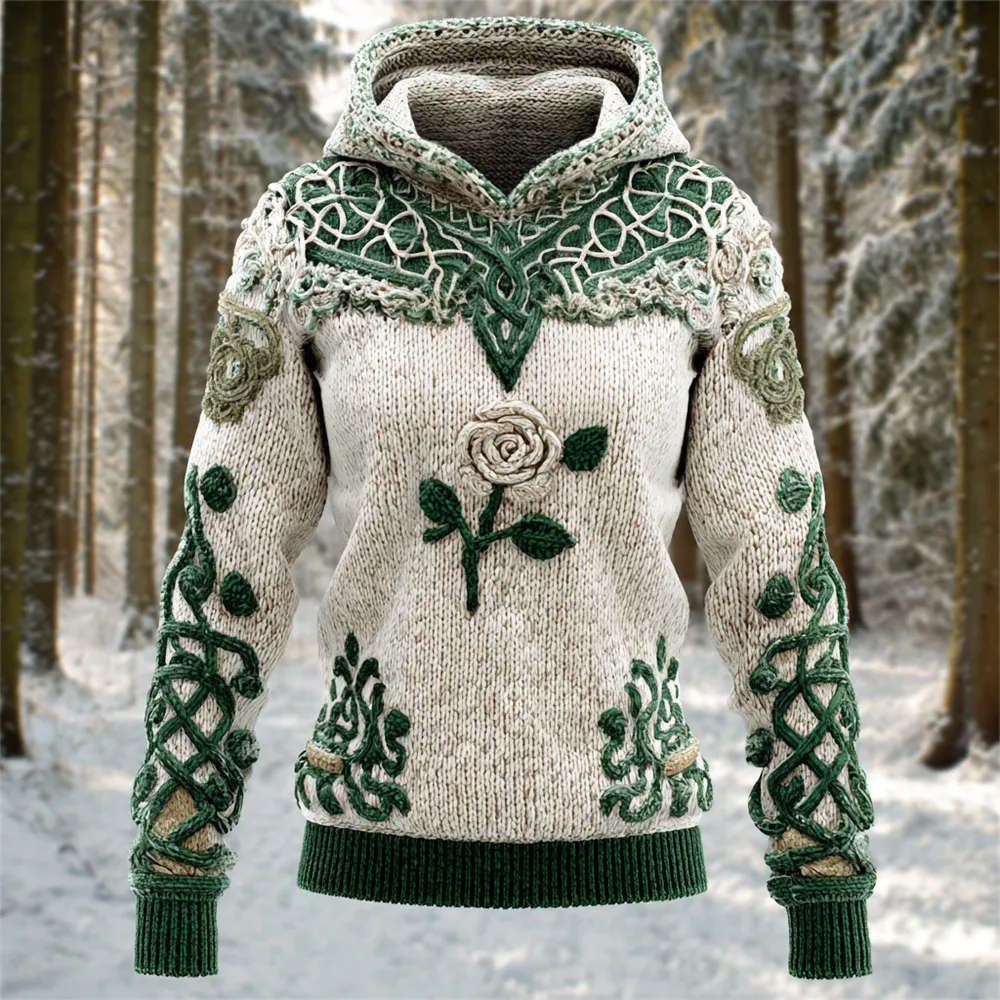 Rose Knit Art Women's Hooded Irish Sweater