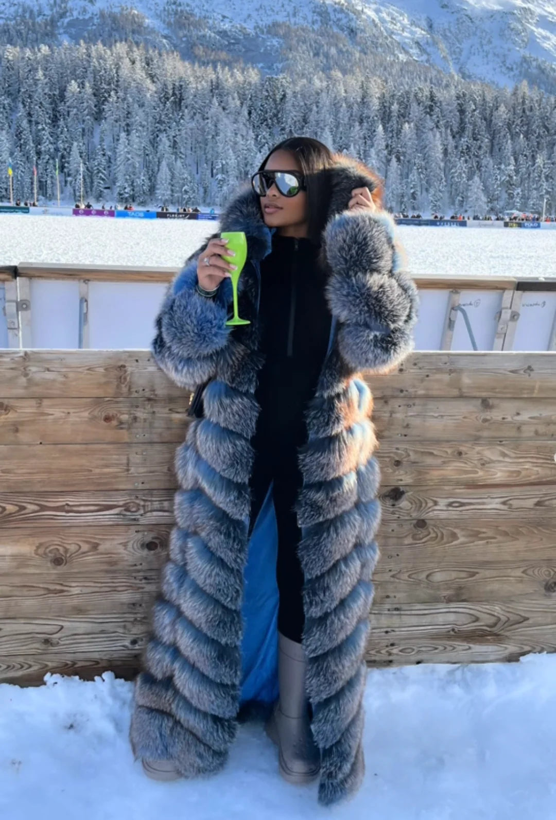 Blue Silver Fox Long Hooded Fur Coat/Vest