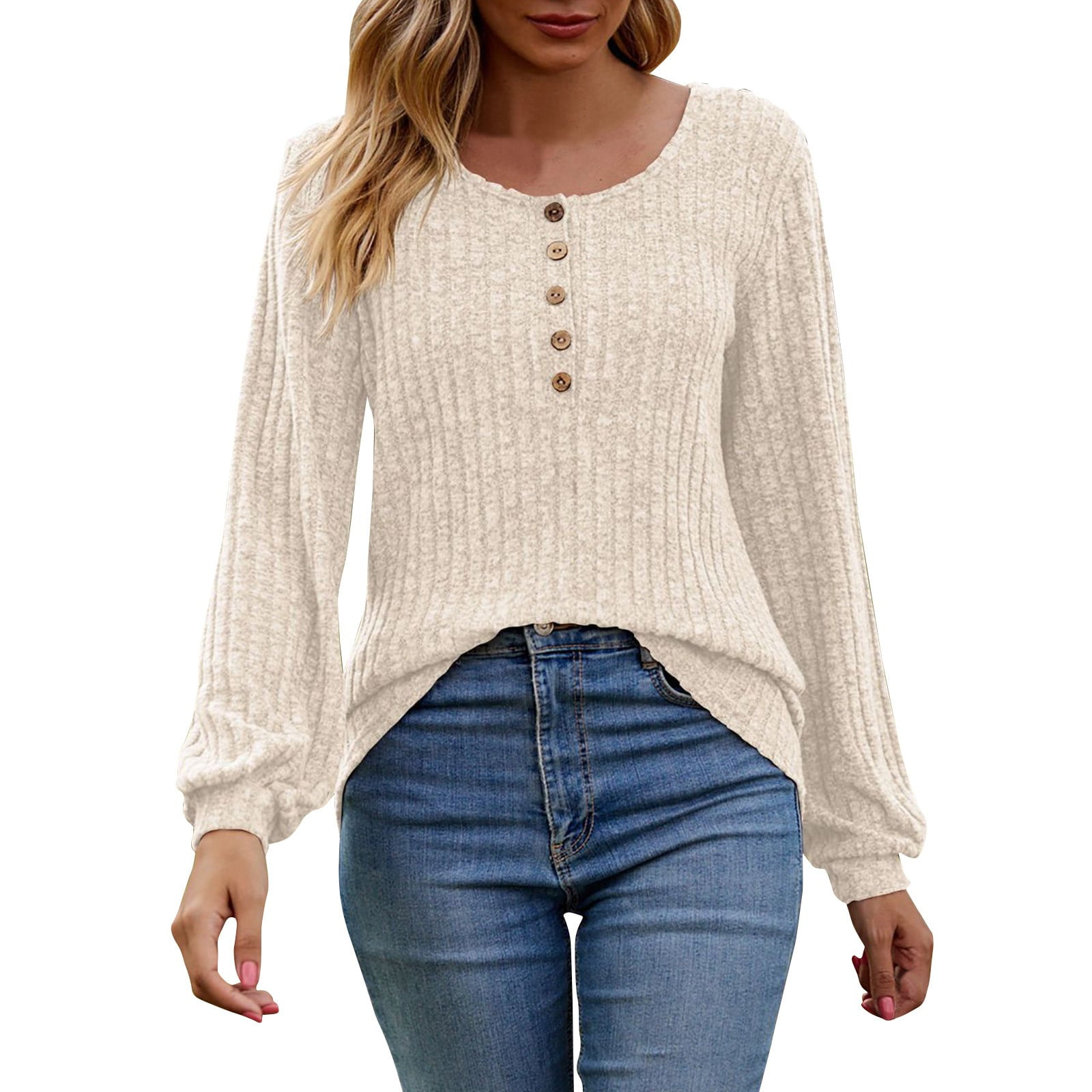Women's Fall Button Scoop Neck Puff Long Sleeve Henley Shirts