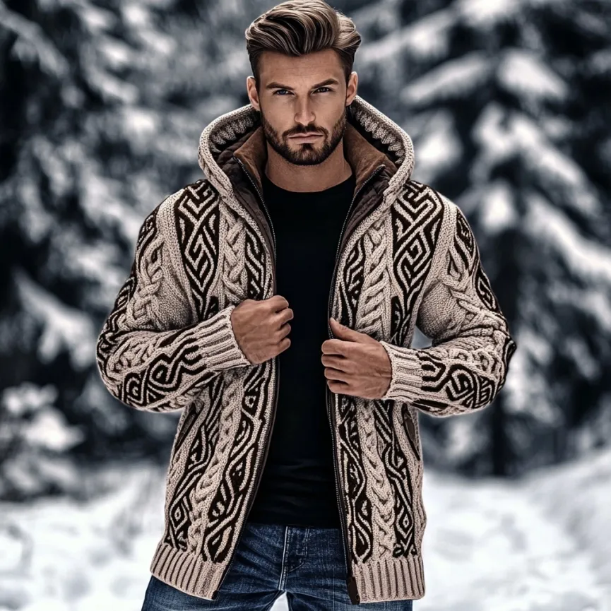 Men's Vintage Viking Celtic Knot Art Zip-up Chunky Knit Hooded Cardigan