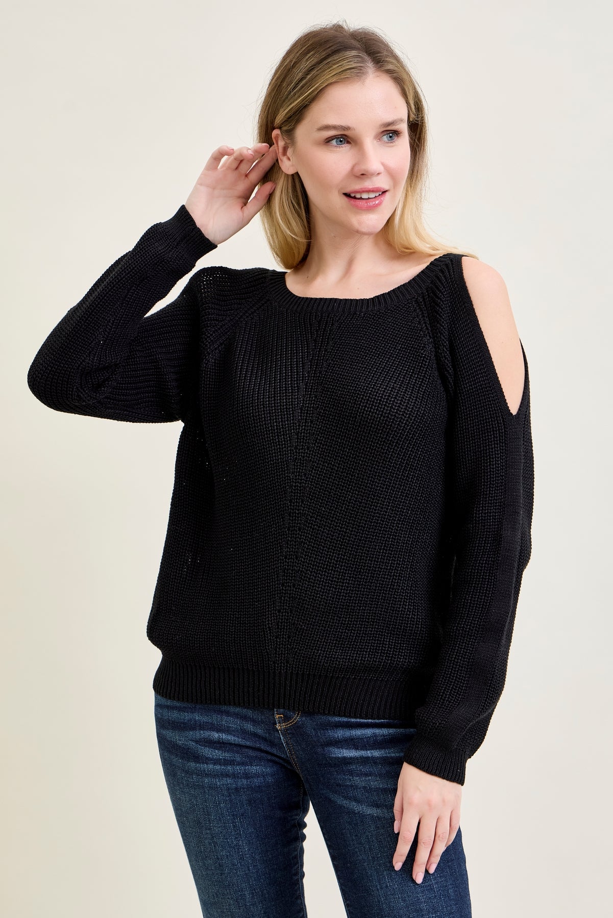 Chevron Stitch Cold Shoulder Black Sweater