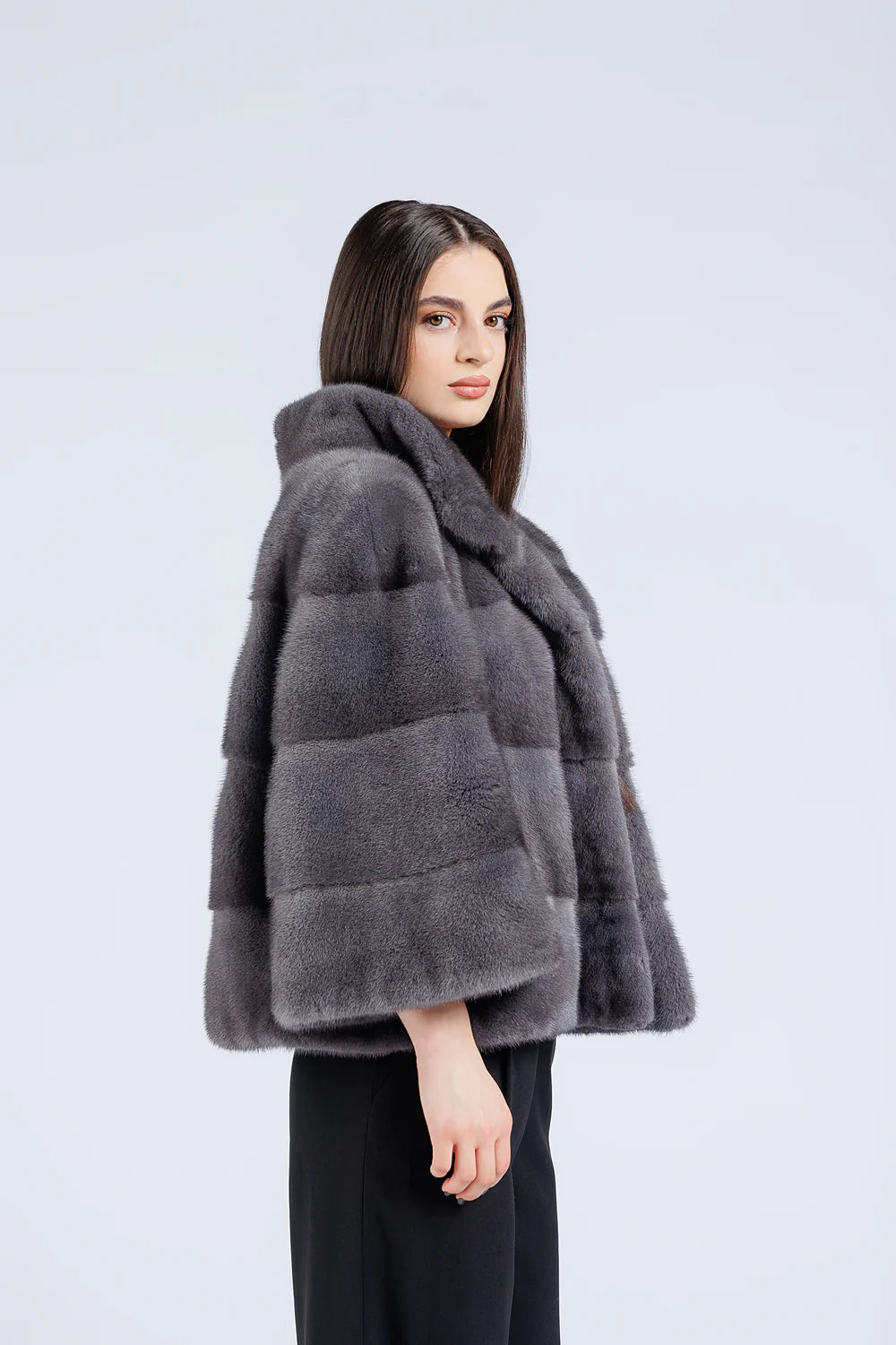 Haină din Blană Naturală de Vizon, Mânecă Clopot, Oversized, Femei, Graphite 229
